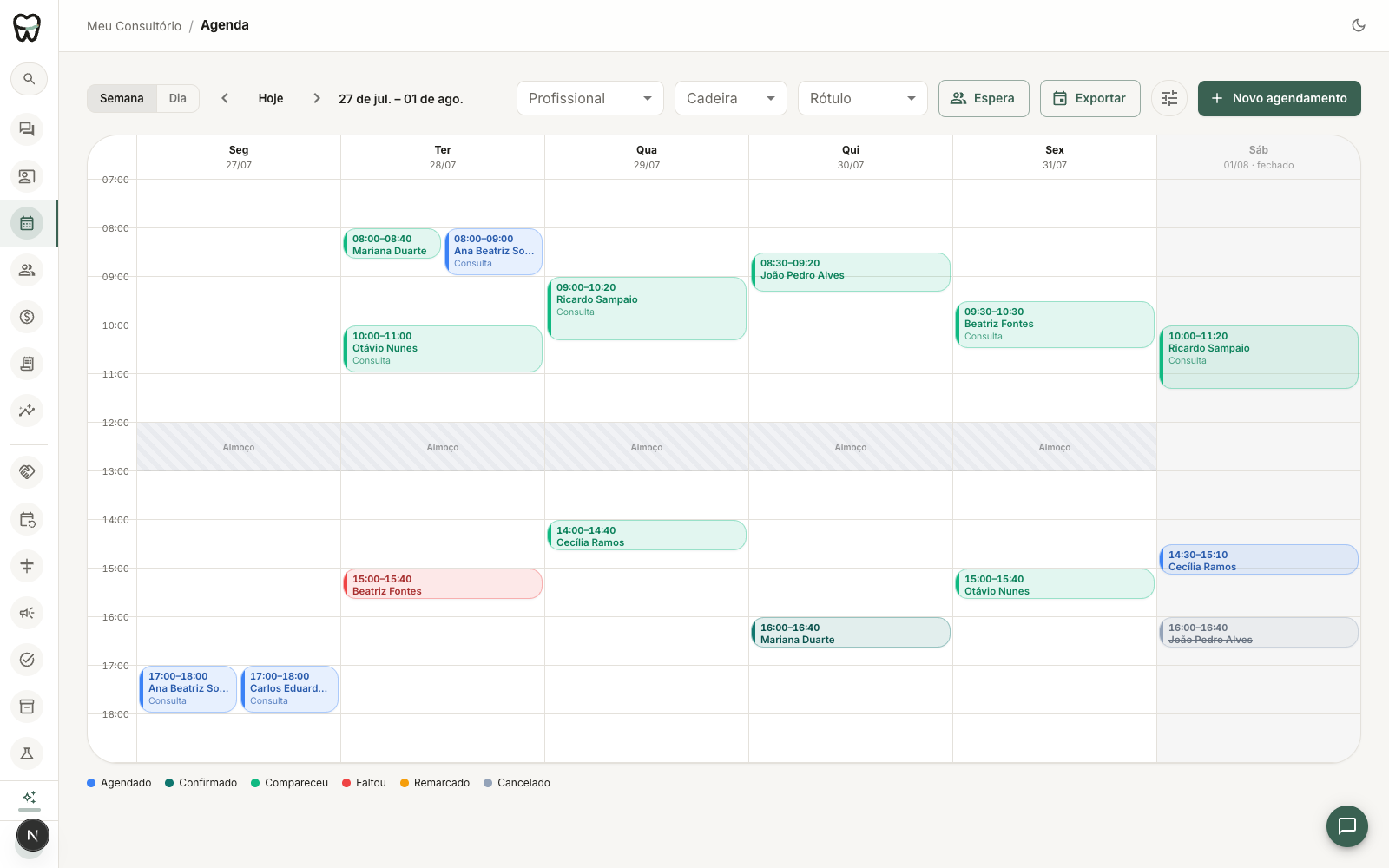 Agenda semanal do Arklin com consultas coloridas por situação